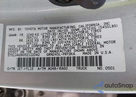 2005 Toyota Tacoma Base V6 z USA, uszkodzony, nr VIN 5TELU42N35Z112042